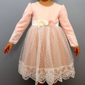 pink fabric and white lace formal dress